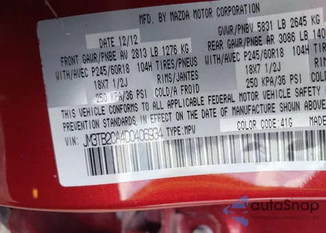 2013 Mazda Cx-9 Touring from USA, damaged, VIN JM3TB2CA4D0406934